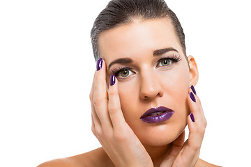 Image showing Graceful attractive woman with purple lips and nails