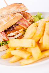 Image showing Club sandwich with potato French fries