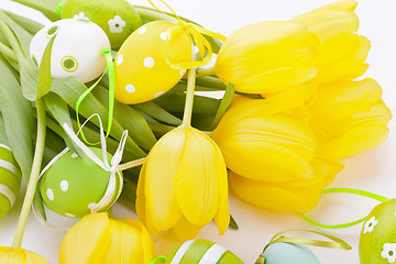 Image showing Colourful yellow and green spring Easter Eggs