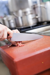 Image showing Chef or butcher dicing meat