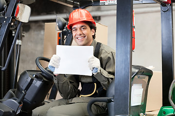 Image showing Forklift Driver Displaying Blank Placard