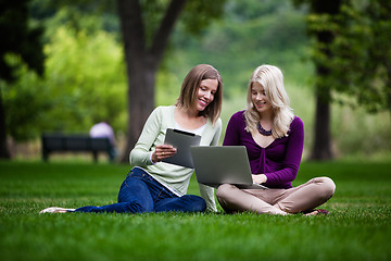 Image showing Young Women in Park with Tech