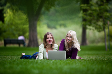 Image showing Young Women Using Laptop in Park