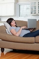 Image showing Relaxed Pregnant Woman Using Laptop