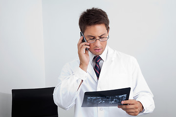 Image showing Dentist With X-Ray Report Using Mobile Phone