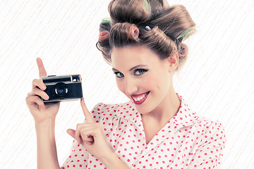Image showing Woman holding Old Camera