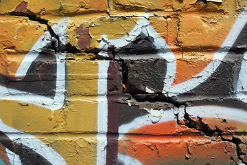 Image showing Bright graffiti on a cracked brick wall