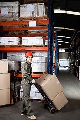 Image showing Foreman Pushing Handtruck With Cardboard Boxes