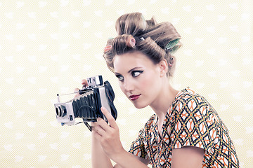 Image showing Woman holding Vintage 4x6 Film Camera