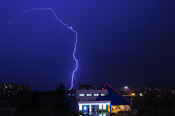 Image showing Severe lightning storm over a city buildings