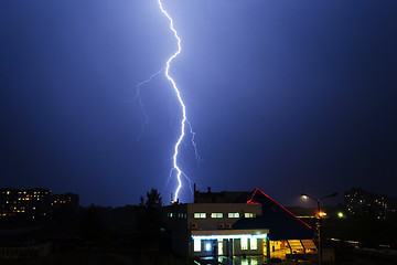 Image showing Severe lightning storm over a city buildings