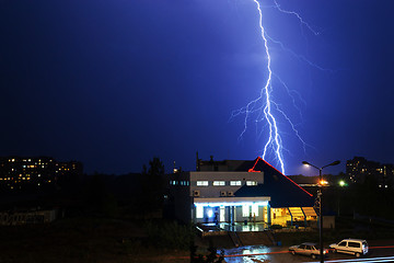 Image showing Severe lightning storm over a city buildings