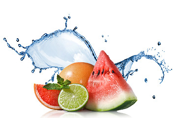 Image showing Watermelon, grapefruit and lime with mint and water splash isola