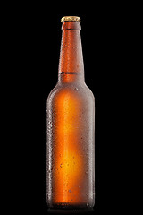 Image showing Beer bottle with water drops and frost isolated on black