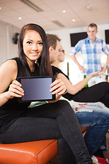 Image showing Young Woman Showing Digital Tablet in Bowling Club