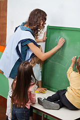 Image showing Teacher And Students Writing On Chalkboard In Classroom