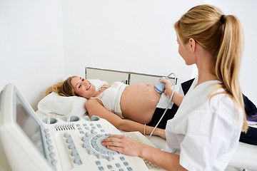 Image showing Pregnant Woman Getting Ultrasound From Female Doctor