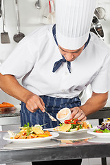 Image showing Chef Garnishing Dish With Mayonnaise