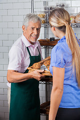 Image showing Male Owner Assisting Female Customer In Buying Muffins