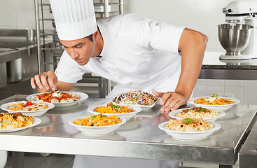 Image showing Chef Garnishing Dishes At Counter