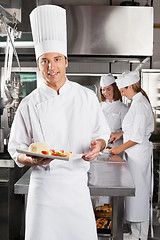 Image showing Chef Presenting Dish In Commercial Kitchen