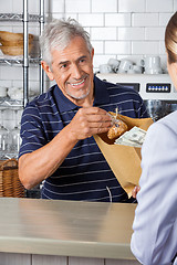 Image showing Salesman Giving Grocery Bag While Collecting Cash From Customer