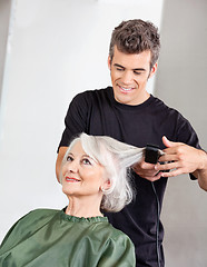 Image showing Hairstylist Straightening Senior Woman's Hair