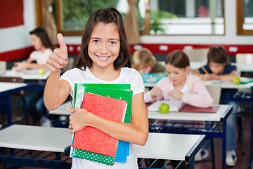 Image showing Schoolgirl Gesturing Thumbs Up While Holding Books
