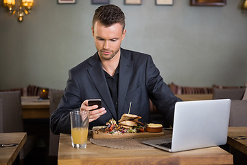 Image showing Businessman Messaging On Cellphone While Having Sandwich