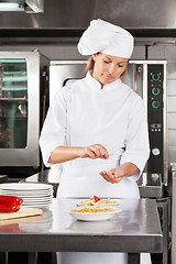 Image showing Female Chef Garnishing Dish At Counter