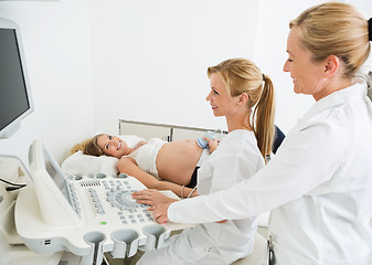 Image showing Gynecologists Examining Pregnant Belly By Ultrasonic Scan