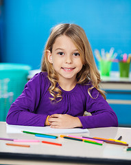 Image showing Girl With Sketch Pens And Paper In Kindergarten