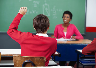 Image showing Schoolboy Raising Hand In Classroom