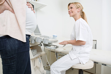 Image showing Doctor Using Ultrasound Machine While Looking At Pregnant Woman