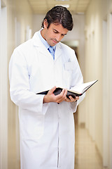 Image showing Doctor Reading Journal In Hospital Corridor