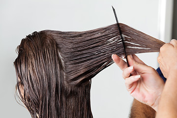 Image showing Hands Of Hairdresser Combing Client's Hair