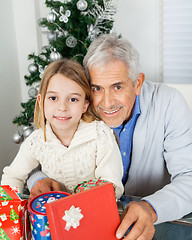 Image showing Girl And Grandfather With Christmas Gifts