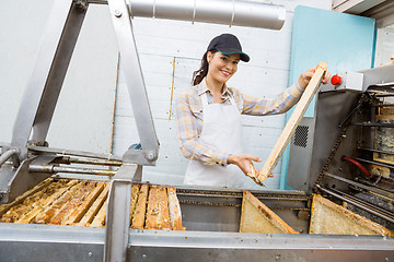 Image showing Female Beekeeper Holding Honeycomb Frame