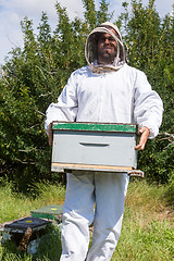 Image showing Male Beekeeper Carrying Honeycomb Box