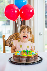Image showing Girl With Mouth Open Sitting In Front Of Cake