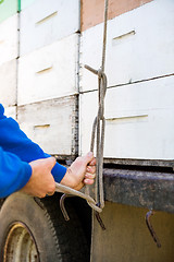 Image showing Beekeeper Tying Stacked Honeycomb Crates On Truck