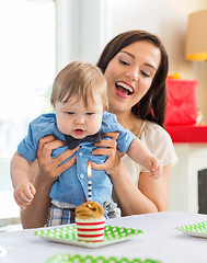 Image showing Mother With Baby Boy Celebrating Birthday At Home