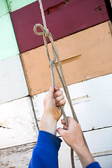 Image showing Beekeeper's Hand Tying Rope On Honeycomb Crates