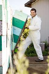 Image showing Beekeeper Smiling While Loading Stacked Honeycomb Crates In Truc