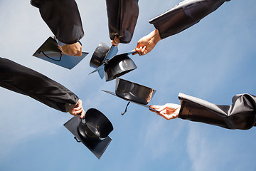 Image showing Students Raising Mortar Boards Against Sky On Graduation Day