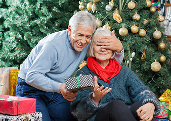 Image showing Senior Man Surprising Woman With Christmas Gifts In Store