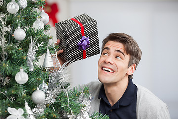 Image showing Curious Man Holding Gift By Christmas Tree
