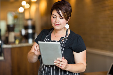 Image showing Female Owner Using Digital Tablet In Cafe