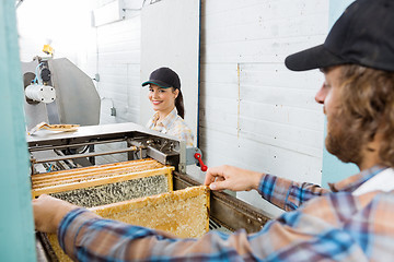 Image showing Beekeeper With Colleague Working In Beekeeping Factory