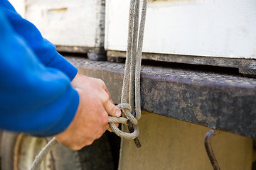 Image showing Beekeeper Tying Rope To Hook Of Truck